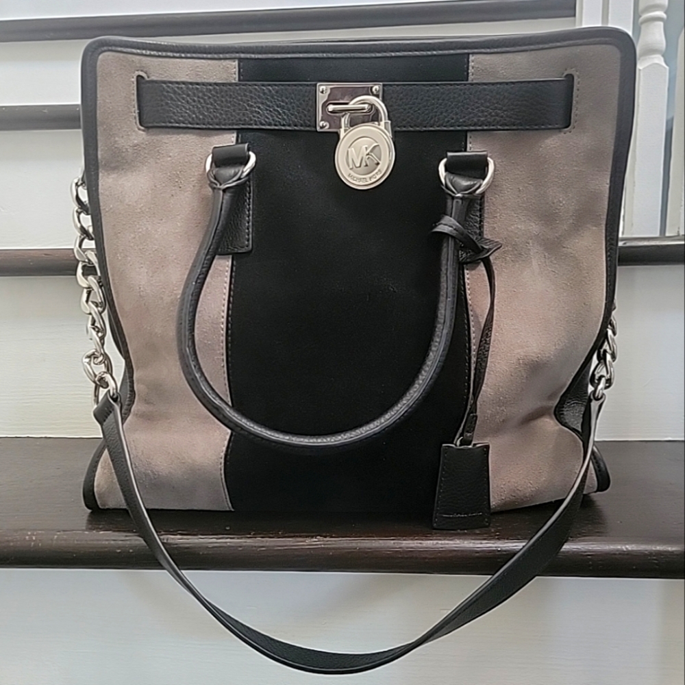 AUTH Michael Kors Large Hamilton Center Stripe Colorblock Suede Satchel Purse